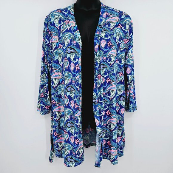 Bobbie Brooks Sleepwear Short Robe L Blue Pink Paisley Print Soft Tie Waist New - Picture 13 of 14